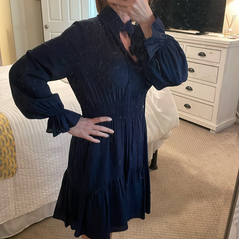 Navy satin dress - cinched waist and pirate sleeve Size: Small